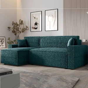 Narożnik z funkcją spania Brandon Bis turkusowy lewostronny miękka tkanina o charakterystycznej pętelkowej powierzchni pojemnik na pościel