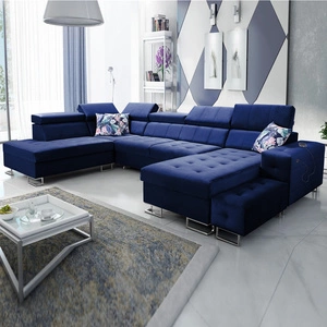 Narożnik z funkcją spania Hampton VI granatowy prawostronny funkcjonalny narożnik do salonu z ruchomą dostawką oraz półką