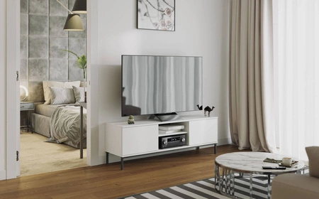 Szafka RTV Tutti 150 cm biała elegancki design szafki metalowa solidna podstawa drzwi otwierane za pomocą systemu push to open