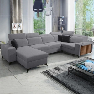 Narożnik z funkcją spania Kelly IV szary lewostronny pleciony komfortowy narożnik regulowane zagłówki bok wykończony lamelami