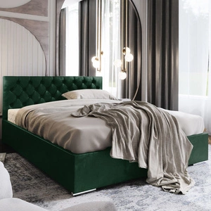 Łóżko tapicerowane Alvorada 180x200 butelkowa zieleń z pojemnikiem w nowoczesnym skandynawskim stylu z pikowanym zagłówkiem