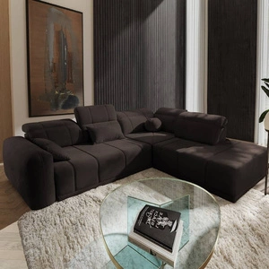 Narożnik z funkcją spania Cetara VII brązowy prawostronny wysokiej jakości narożnik do salonu z komfortowym przesuwanym oparciem