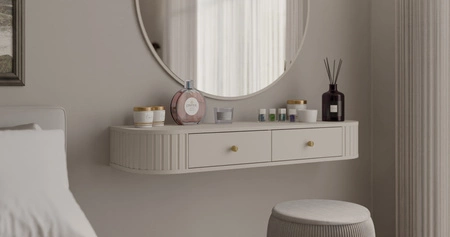 Konsola wisząca Ovalio 123 cm beżowa funkcjonalny i uniwersalny dodatek do salonu lub sypialni obły kształt stylowe frezowania