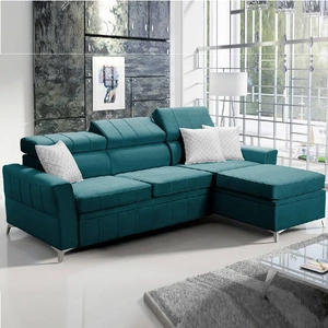 Narożnik z funkcją spania Rava lazurowy prawostronny velvet komfortowy i funkcjonalny narożnik z regulowanymi zagłówkami