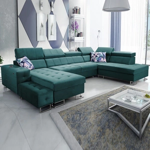 Narożnik z funkcją spania Hampton VI morski lewostronny funkcjonalny narożnik do salonu z ruchomą dostawką oraz półką