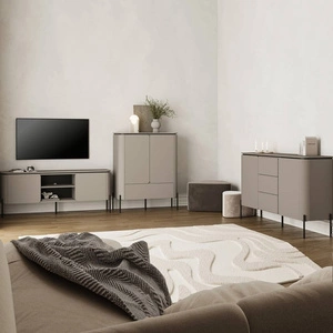 Zestaw mebli do salonu Belle ciemny beżowy stylowe meble o zaokrąglonym kształcie system otwierania push to open metalowe czarne nogi