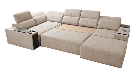 Narożnik z funkcją spania Tesalia IV miodowy prawostronny komfortowy narożnik do salonu z innowacyjną funkcją przesuwanego oparcia