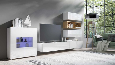 Meblościanka Apulia XXVIII biały połysk / dąb złoty wyjątkowo stylowa meblościanka proste bryły wpisujące się w każde wnętrze