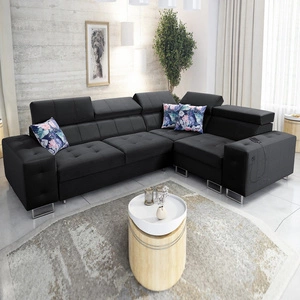 Narożnik z funkcją spania Hampton II czarny prawostronny stylowy narożnik rozkładany miękka tkanina obiciowa typu velvet