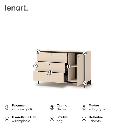 Komoda z szufladami Enna 136 cm beżowy / czarny funkcjonalna i pojemna komoda z klimatycznym oświetleniem LED idealna do sypialni