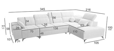 Narożnik z funkcją spania Penejos XI Lux szary popiel prawostronny stylowy narożnik rozkładany z komfortowym wysuwanym podnóżkiem