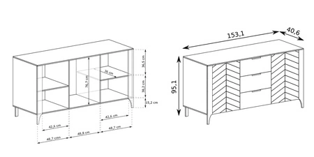 Komoda z szufladami Malumi 153 cm beżowa elegancka i funkcjonalna komoda do nowoczesnych wnętrz subtelny wzór jodełki na frontach