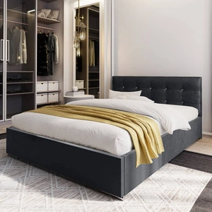 Łóżko tapicerowane Mona 160x200 grafitowe z pojemnikiem w nowoczesnym skandynawskim stylu z pikowanym zagłówkiem z kryształkami