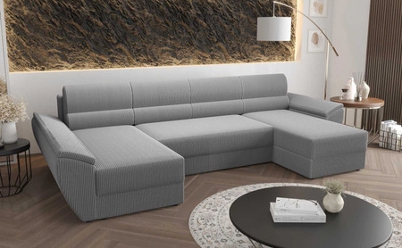 Narożnik z funkcją spania Fogu U III szary popiel stylowy narożnik z podłokietnikami i pojemnikiem na pościel sztruksowa tkanina