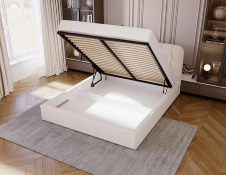 Łóżko tapicerowane Apis 140x200 beżowe stylowe łóżko z pojemnikiem na pościel wygodny zagłówek zachwyca eleganckim designem