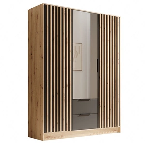 Szafa z lustrem Neri 150 cm dąb artisan / czarny stylowe lamele zdobiące drzwi szafy pojemne szuflady uchwyty krawędziowe