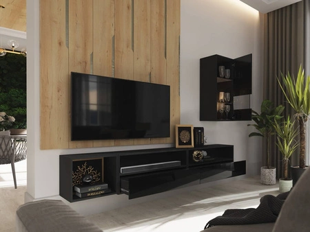 Meblościanka Paleo czarna / czarny połysk minimalistyczny design meblościanka do salonu lub pokoju dziennego system push to open