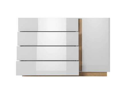 Komoda z szufladami Adria 138 cm biały połysk / dąb grandson nowoczesny design mebla obrzeża komody wykończone specjalną okleiną ABS