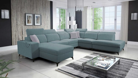 Narożnik z funkcją spania Kelly Sleek X arktyczny błękit lewostronny niezwykle elegancki narożnik do salonu z regulowanymi zagłówkami