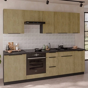 Zestaw mebli kuchennych Crotone 260 cm eleganckie szafki kuchenne o subtelnej i naturalnej kolorystyce metalowe uchwyty krawędziowe