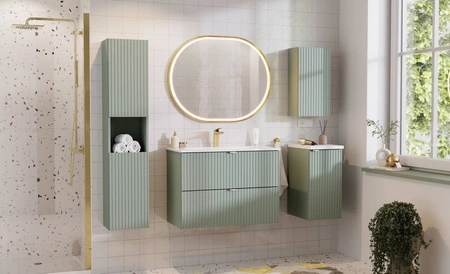 Szafka pod umywalkę Line Reed Green 80 cm szałwiowa designerska szafka z ryflowanymi frontami pojemne szuflady modna kolorystyka