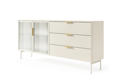 Komoda z szufladami Lumi 181 cm beżowa stylowa komoda z designerskimi przeszklonymi frontami metalowa podstawa i uchwyty krawędziowe