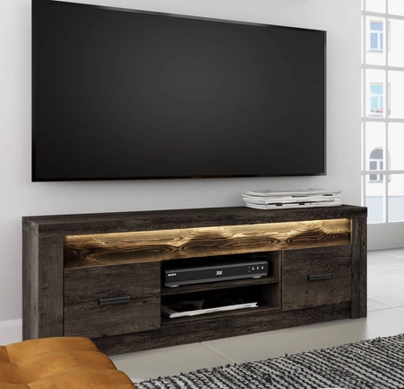 Szafka RTV Indiana 137 cm jesion ciemny elegancka stylistyka szafki pod telewizor ozdobna deska na froncie szafki oświetlona LED