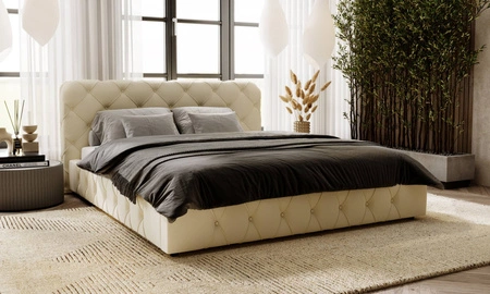 Łóżko tapicerowane Cloud 180x200 beżowe stylowe łóżko z pojemnikiem na pościel wygodny zagłówek zachwyca eleganckim designem