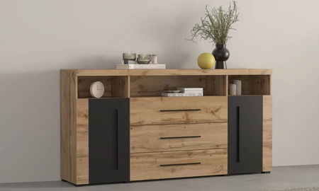 Komoda z szufladami Roger 182 cm dąb wotan / czarny elegancka stylistyka komody wzbogacona o stylowe czarne dodatki idealna do salonu sypialni