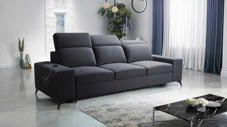 Sofa z funkcją spania Kelly grafitowa stylowa sofa do salonu o prostym designie regulowane zagłówki welurowa tkanina