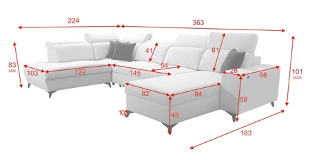 Narożnik z funkcją spania Kelly Sleek VI szary popiel prawostronny nowoczesny design narożnik do salonu z regulowanymi zagłówkami