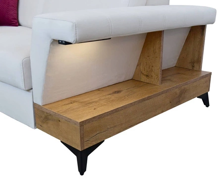 Narożnik z funkcją spania Bresso ecru lewostronny stylowy narożnik z praktyczną półką w kolorze dąb lancelot regulowane zagłówki