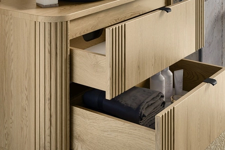 Szafka pod umywalkę Ovalia Cremona 80 cm dąb cremona stylowa szafka z szufladami zaokrąglony kształt dekoracyjne pionowe ryflowania