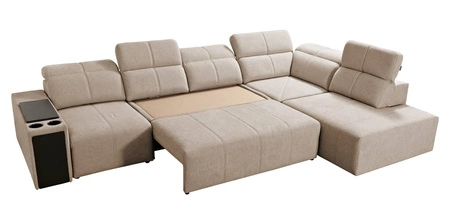 Narożnik z funkcją spania Tesalia XI miętowy prawostronny nowoczesny narożnik z komfortowym przesuwanym oparciem i pojemną szufladą