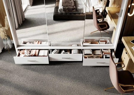 Szafa przesuwna z lustrem Arti 250 cm biała funkcjonalna szafa do przedpokoju z szufladami duże lustra podkreśla oświetlenie LED