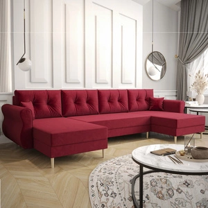 Narożnik z funkcją spania Wilkins U bordowy komfortowy narożnik miękka tkanina nowoczesny design wpisujący się w każdą aranżację