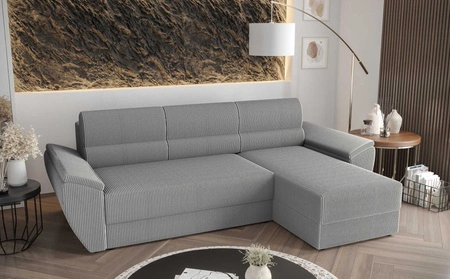 Narożnik z funkcją spania Fogu II szary popiel prawostronny stylowy narożnik z komfortowymi podłokietnikami i pojemnikiem na pościel