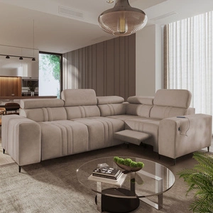 Narożnik z funkcją spania Castel II Lux jasny brąz prawostronny wygodny narożnik do salonu z komfortowym wysuwanym podnóżkiem