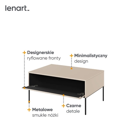 Stolik kawowy Trend beżowy nowoczesny i elegancki design stolik z charakterystycznym ryflowanym frontem osadzony na metalowych nogach