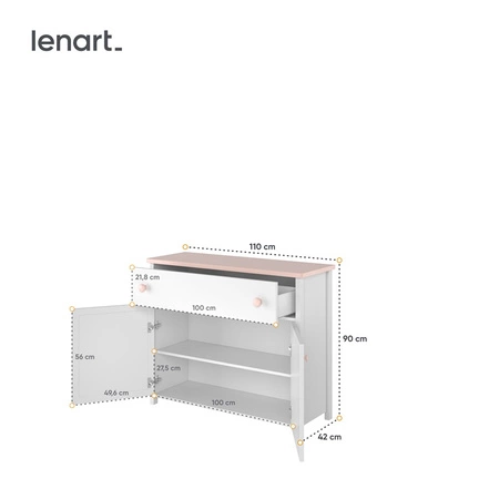 Komoda z szufladą Luna 110 cm biały / różowy elegancka komoda idealna do pokoju dziewczęcego prosta konstrukcja solidne wykonanie