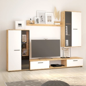 Meblościanka Senja dąb artisan / biała nowoczesny design witryna stojąca i wisząca półki z bezpiecznego szkła hartowanego