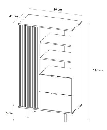 Komoda wysoka Sula 80 cm czarna elegancka i funkcjonalna komoda z szufladami z ryflowanym frontem wzbogacona o metalowe uchwyty