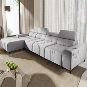 Narożnik z funkcją spania Castel XII szary popiel lewostronny stylowy i wygodny narożnik do salonu funkcjonalne regulowane zagłówki