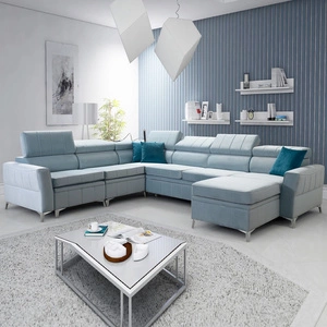 Narożnik z funkcją spania Rava VII błękitny prawostronny praktyczny i nowoczesny narożnik do salonu z regulowanymi zagłówkami