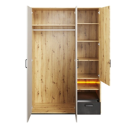 Zestaw mebli Qubic dąb artisan / raw steel / silk flou modny zestaw mebli o oryginalnym designie bryły z subtelnym oświetleniem LED