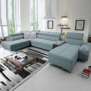 Narożnik z funkcją spania Dafni V arktyczny błękit prawostronny pleciony wygodny i komfortowy narożnik z regulowanymi zagłówkami