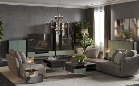 Komoda Salem 90 cm czarne drewno / pistacjowa zieleń elegancka i stylowa komoda do salonu z dekoracyjnymi lamelami na frontach