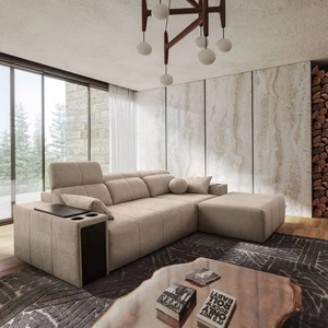 Narożnik z funkcją spania Tesalia beżowy prawostronny nowoczesny design komfortowe przesuwane oparcie szuflada w boczku mebla