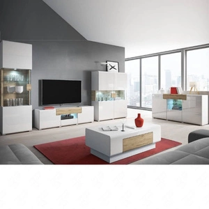 Zestaw mebli do salonu Toledo biały / san remo jasne idealny do salonu lub pokoju dziennego meblościanka z komodą i stolikiem kawowym