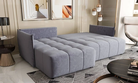 Narożnik z funkcją spania Oroso błękitny lewostronny miękka tkanina typu velvet z powłoką hydrofobową pojemnik na pościel